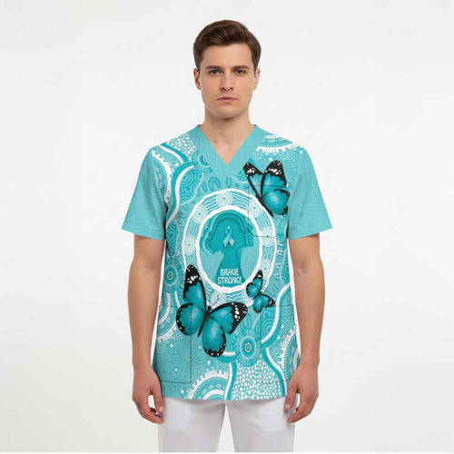 Australia Cervical Cancer Awareness Month Scrub Top Brave Strong Butterfly Aboriginal Art - Aussie Hoodie