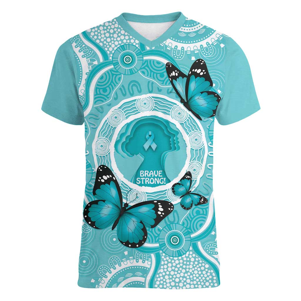 Australia Cervical Cancer Awareness Month Women V-Neck T-Shirt Brave Strong Butterfly Aboriginal Art
