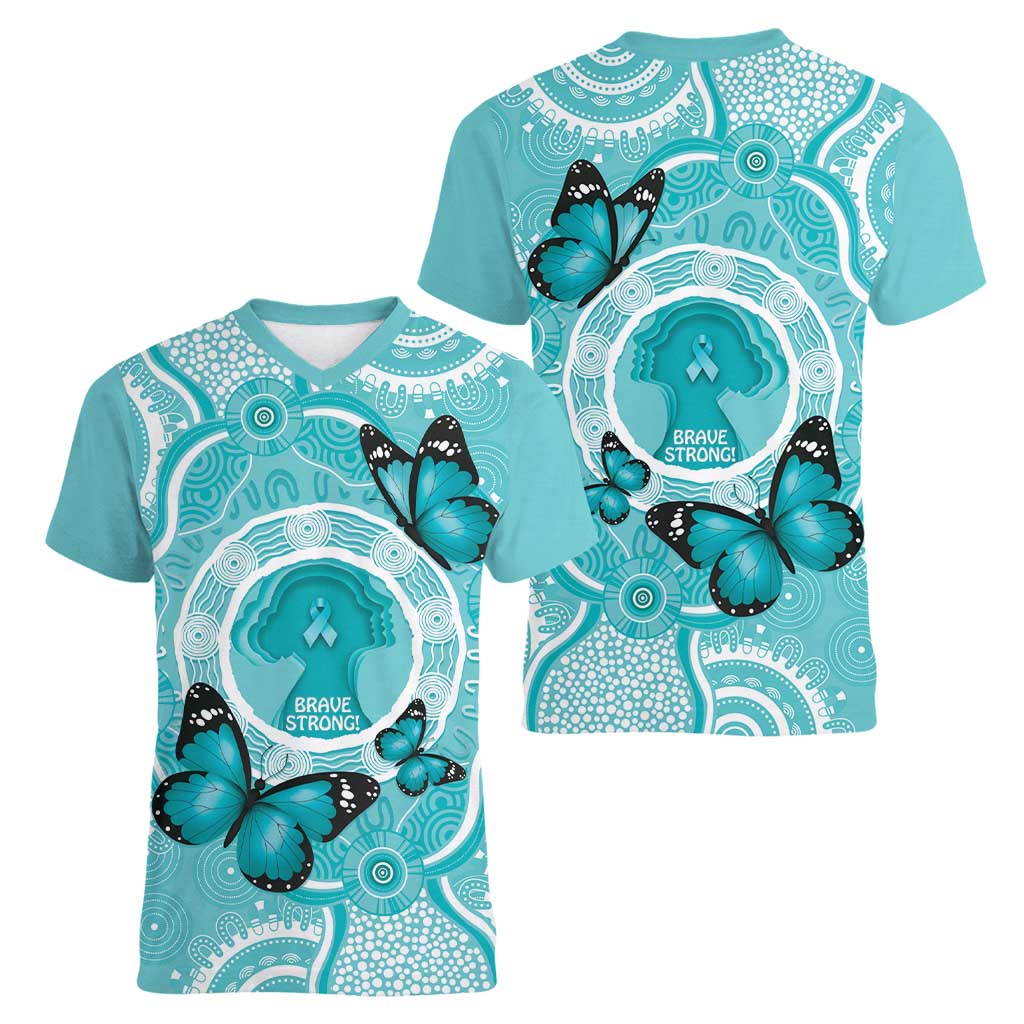 Australia Cervical Cancer Awareness Month Women V-Neck T-Shirt Brave Strong Butterfly Aboriginal Art
