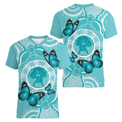 Australia Cervical Cancer Awareness Month Women V-Neck T-Shirt Brave Strong Butterfly Aboriginal Art