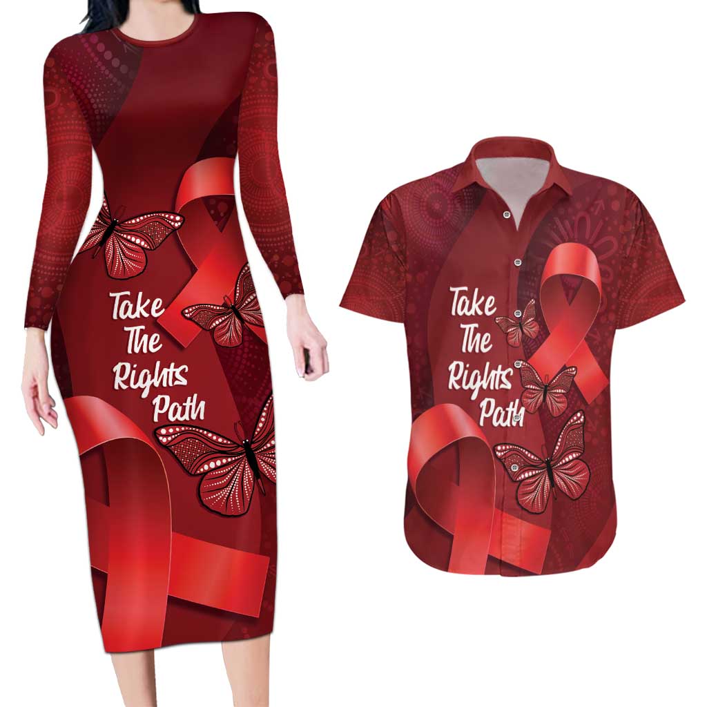 Australia AIDS Awareness Month Couples Matching Long Sleeve Bodycon Dress and Hawaiian Shirt Take The Rights Path Aboriginal Art
