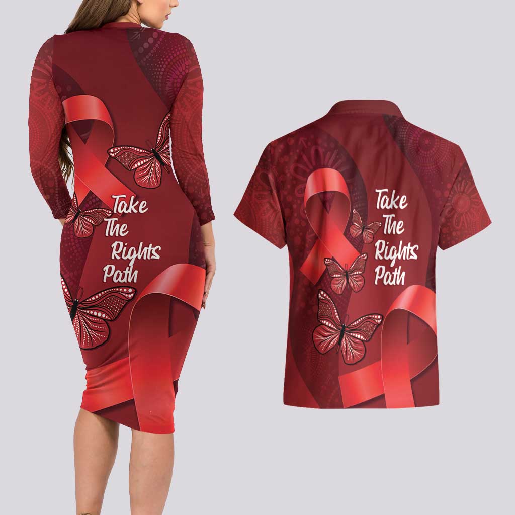 Australia AIDS Awareness Month Couples Matching Long Sleeve Bodycon Dress and Hawaiian Shirt Take The Rights Path Aboriginal Art