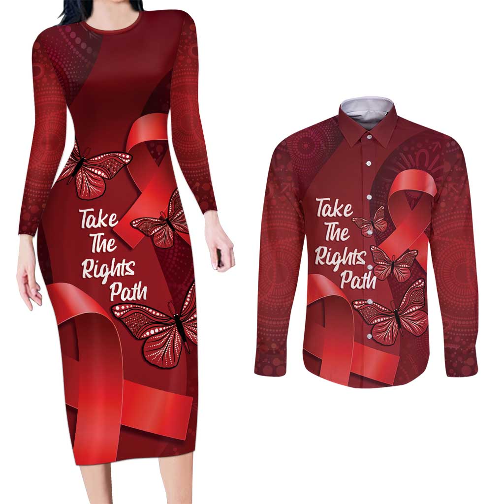 Australia AIDS Awareness Month Couples Matching Long Sleeve Bodycon Dress and Long Sleeve Button Shirt Take The Rights Path Aboriginal Art