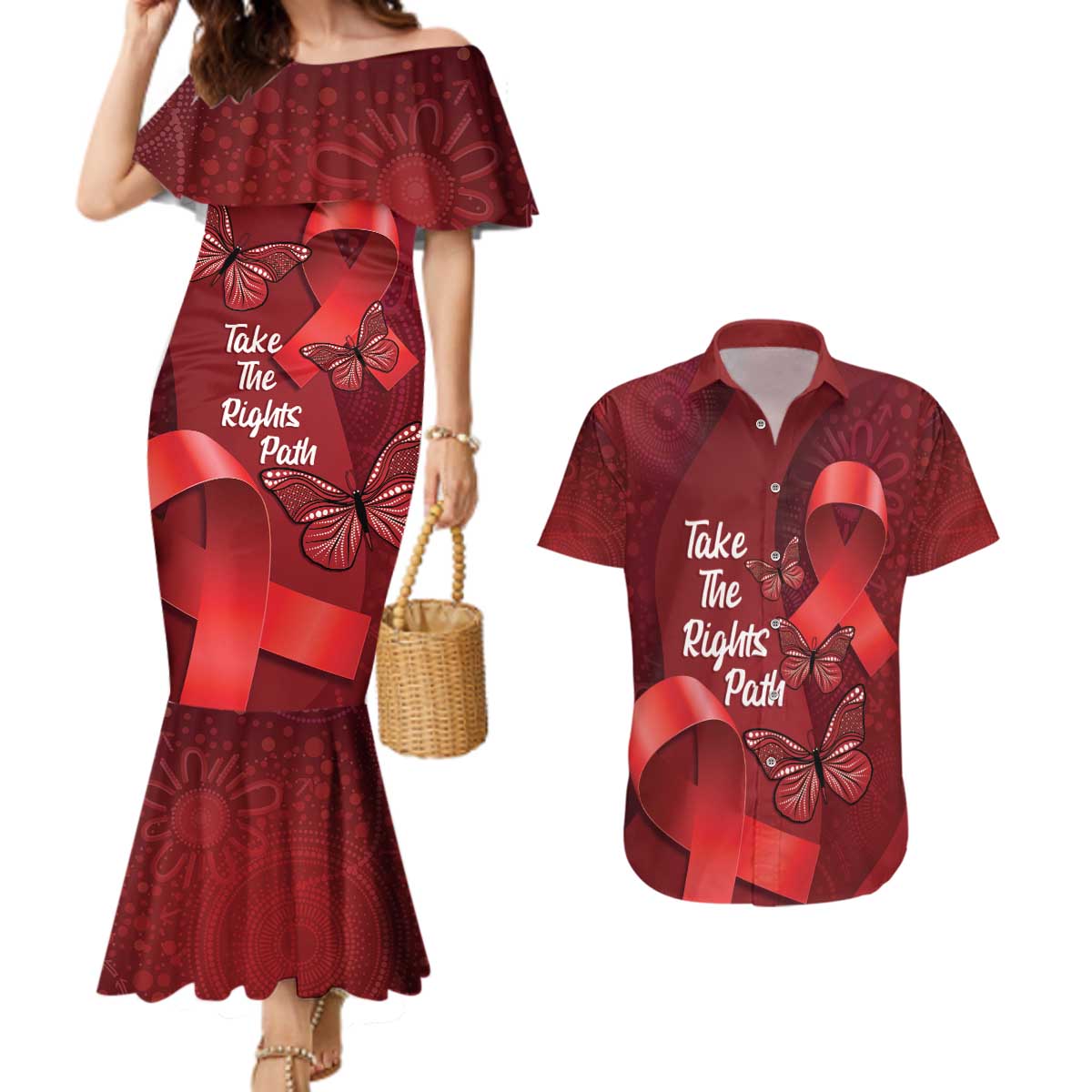 Australia AIDS Awareness Month Couples Matching Mermaid Dress and Hawaiian Shirt Take The Rights Path Aboriginal Art