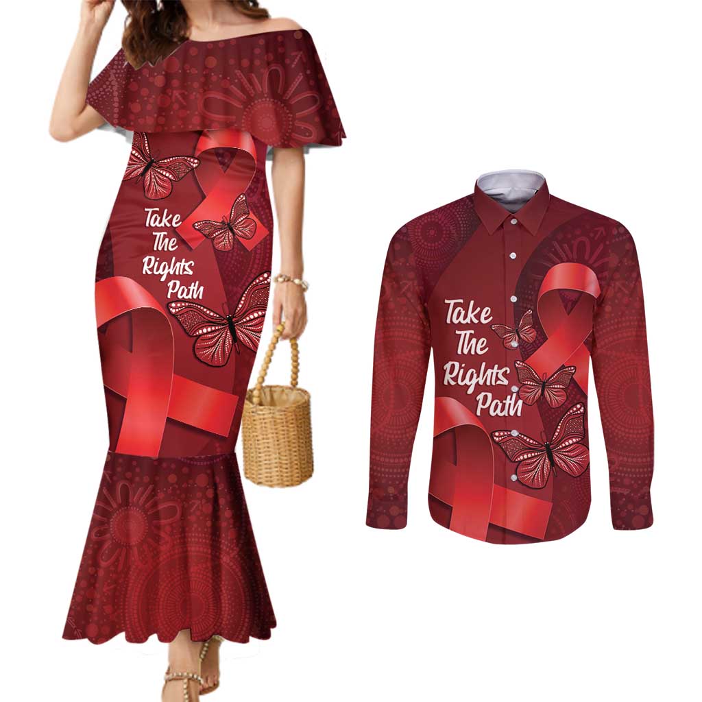 Australia AIDS Awareness Month Couples Matching Mermaid Dress and Long Sleeve Button Shirt Take The Rights Path Aboriginal Art