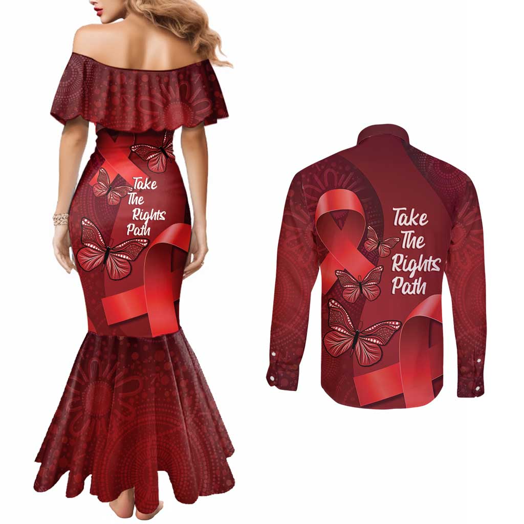 Australia AIDS Awareness Month Couples Matching Mermaid Dress and Long Sleeve Button Shirt Take The Rights Path Aboriginal Art