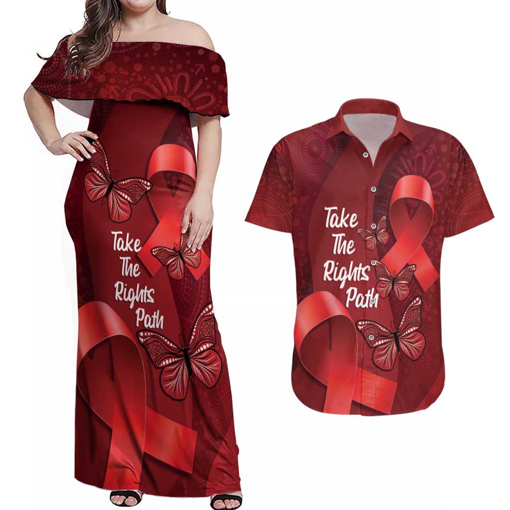 Australia AIDS Awareness Month Couples Matching Off Shoulder Maxi Dress and Hawaiian Shirt Take The Rights Path Aboriginal Art