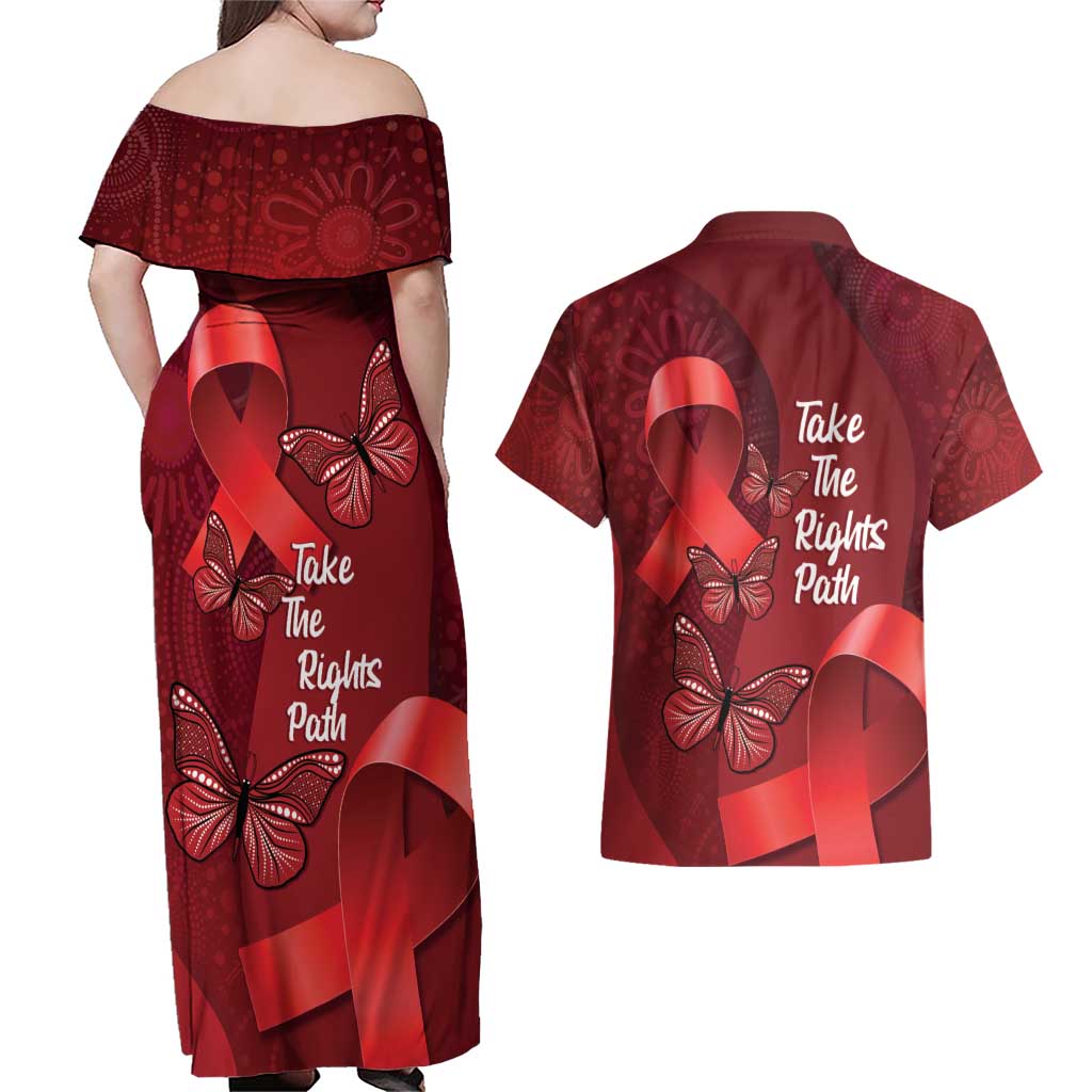 Australia AIDS Awareness Month Couples Matching Off Shoulder Maxi Dress and Hawaiian Shirt Take The Rights Path Aboriginal Art