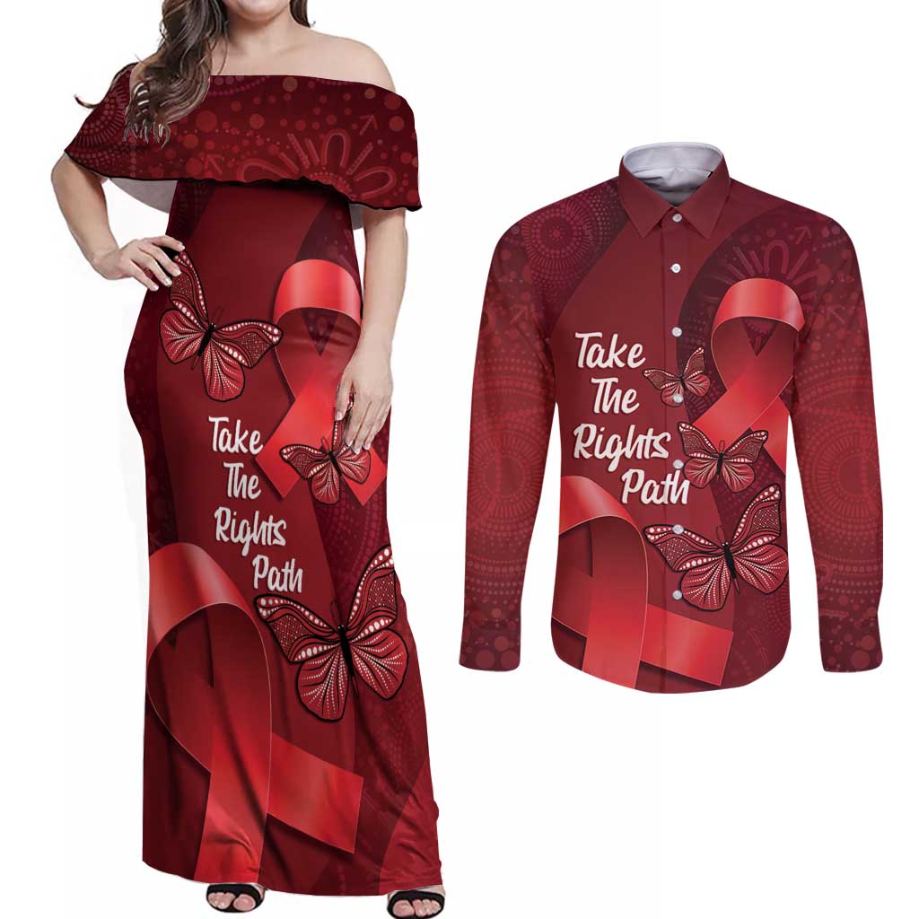 Australia AIDS Awareness Month Couples Matching Off Shoulder Maxi Dress and Long Sleeve Button Shirt Take The Rights Path Aboriginal Art