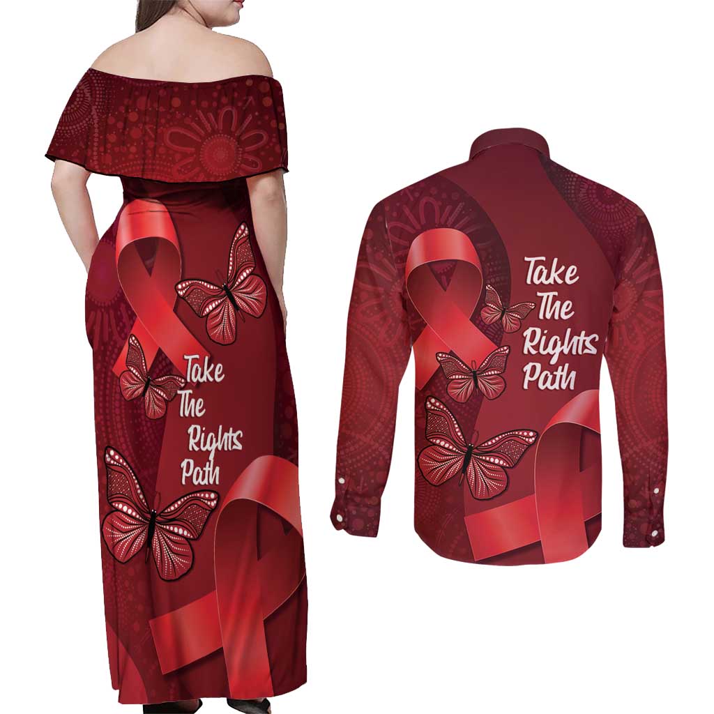 Australia AIDS Awareness Month Couples Matching Off Shoulder Maxi Dress and Long Sleeve Button Shirt Take The Rights Path Aboriginal Art