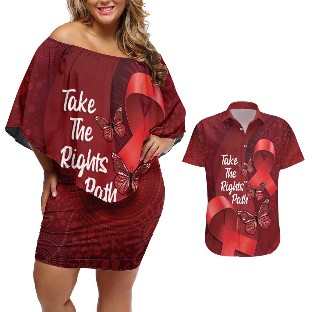 Australia AIDS Awareness Month Couples Matching Off Shoulder Short Dress and Hawaiian Shirt Take The Rights Path Aboriginal Art