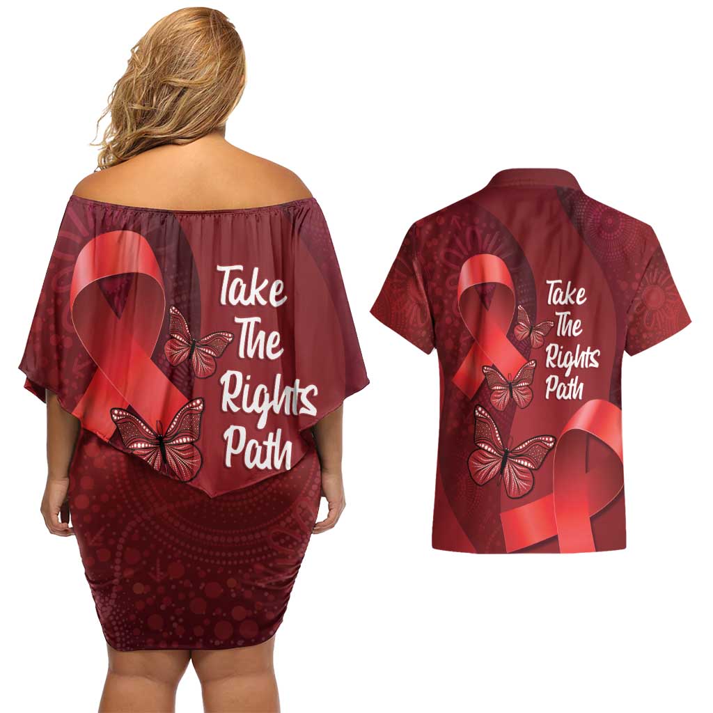 Australia AIDS Awareness Month Couples Matching Off Shoulder Short Dress and Hawaiian Shirt Take The Rights Path Aboriginal Art