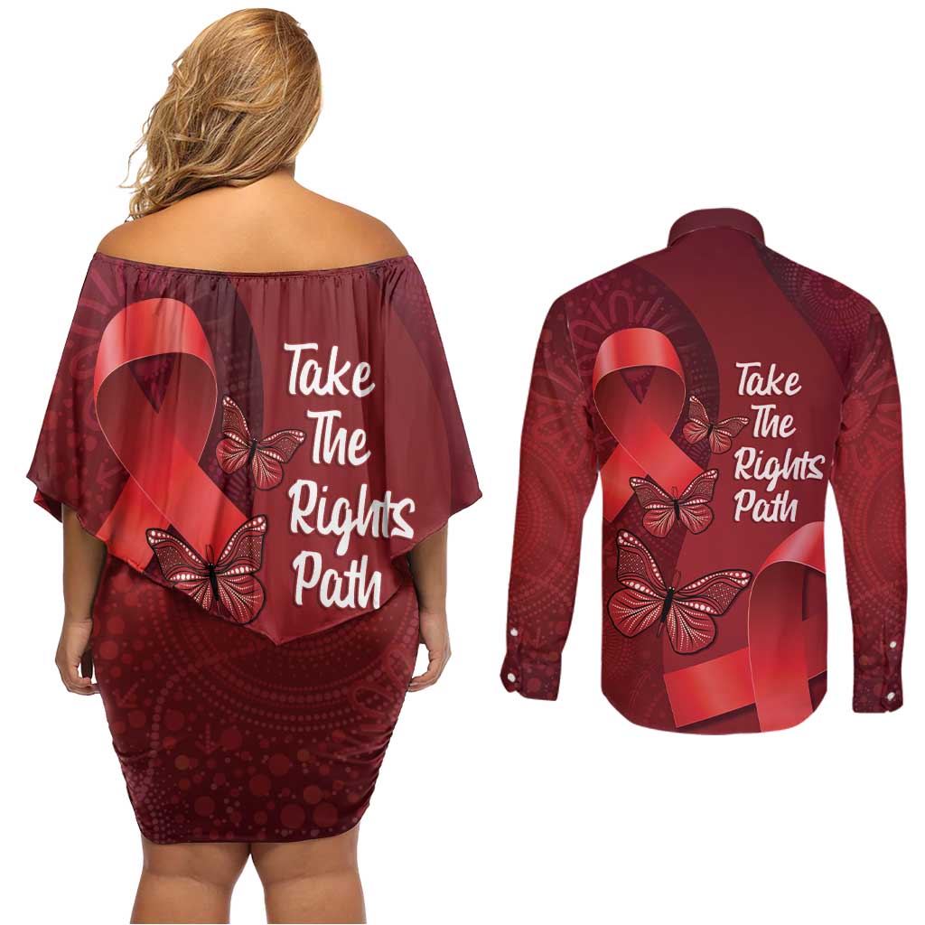 Australia AIDS Awareness Month Couples Matching Off Shoulder Short Dress and Long Sleeve Button Shirt Take The Rights Path Aboriginal Art