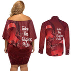 Australia AIDS Awareness Month Couples Matching Off Shoulder Short Dress and Long Sleeve Button Shirt Take The Rights Path Aboriginal Art