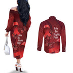 Australia AIDS Awareness Month Couples Matching Off The Shoulder Long Sleeve Dress and Long Sleeve Button Shirt Take The Rights Path Aboriginal Art
