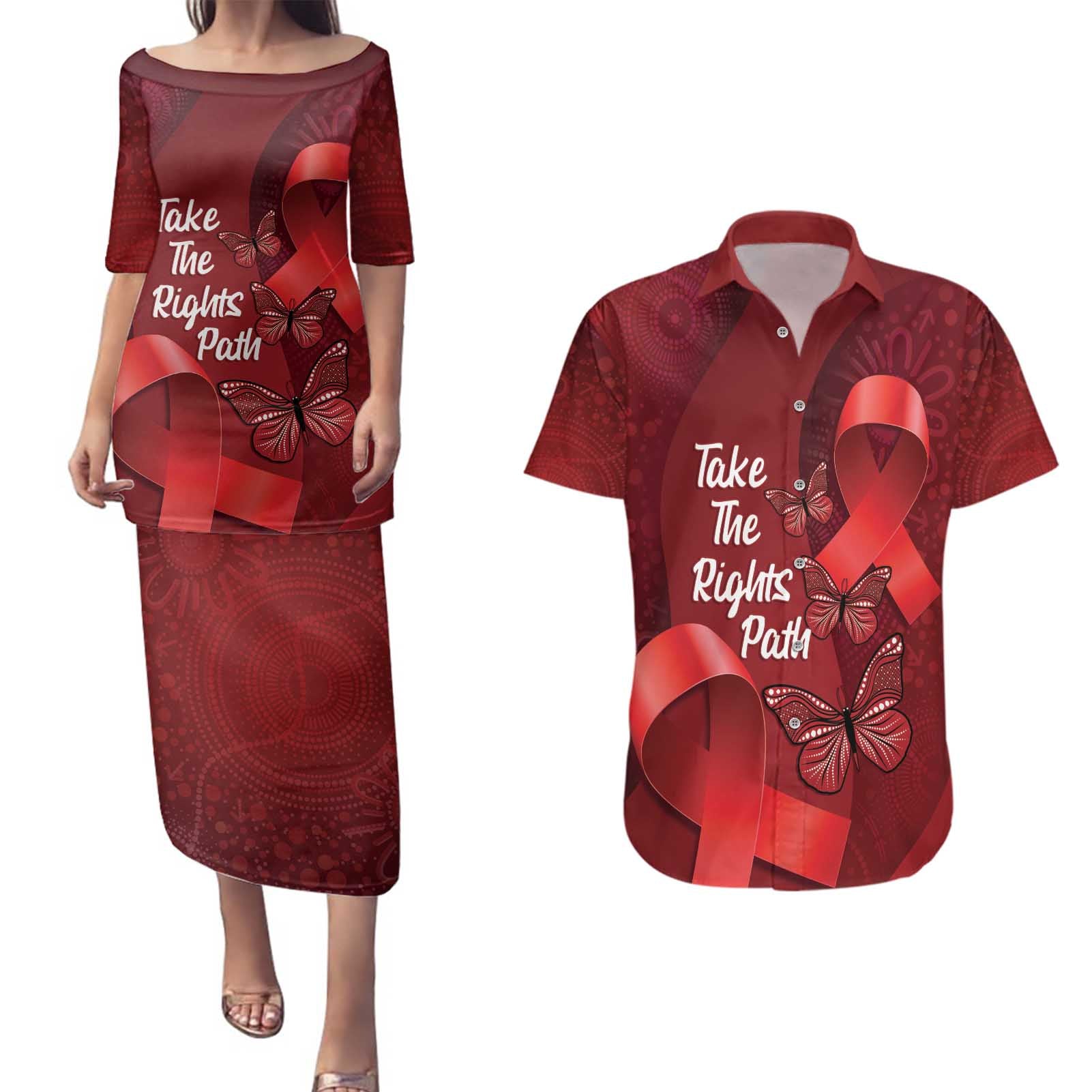 Australia AIDS Awareness Month Couples Matching Puletasi and Hawaiian Shirt Take The Rights Path Aboriginal Art