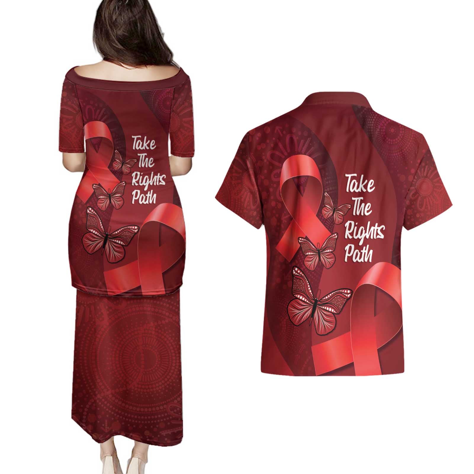 Australia AIDS Awareness Month Couples Matching Puletasi and Hawaiian Shirt Take The Rights Path Aboriginal Art