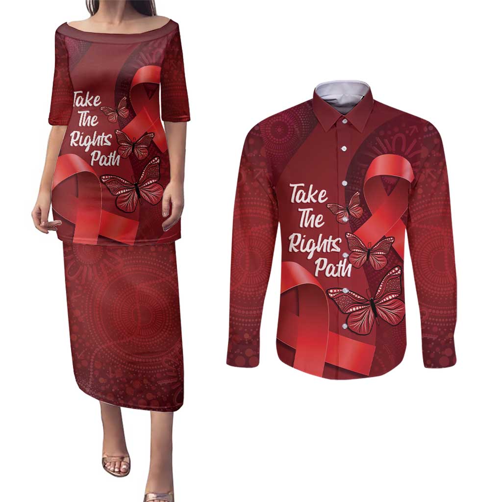 Australia AIDS Awareness Month Couples Matching Puletasi and Long Sleeve Button Shirt Take The Rights Path Aboriginal Art
