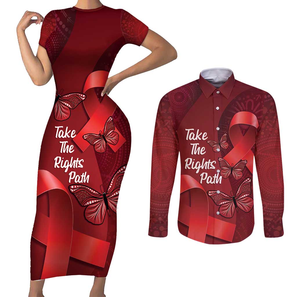 Australia AIDS Awareness Month Couples Matching Short Sleeve Bodycon Dress and Long Sleeve Button Shirt Take The Rights Path Aboriginal Art