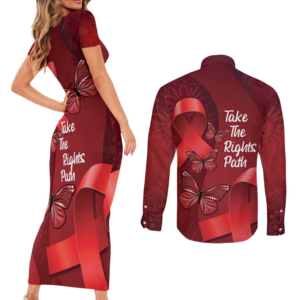 Australia AIDS Awareness Month Couples Matching Short Sleeve Bodycon Dress and Long Sleeve Button Shirt Take The Rights Path Aboriginal Art