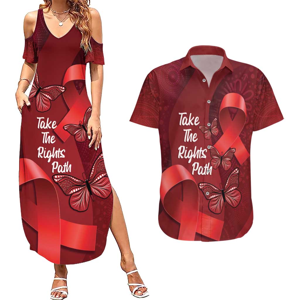 Australia AIDS Awareness Month Couples Matching Summer Maxi Dress and Hawaiian Shirt Take The Rights Path Aboriginal Art