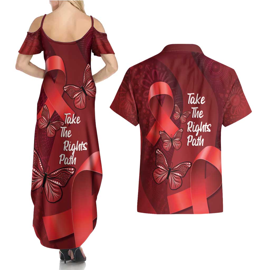 Australia AIDS Awareness Month Couples Matching Summer Maxi Dress and Hawaiian Shirt Take The Rights Path Aboriginal Art