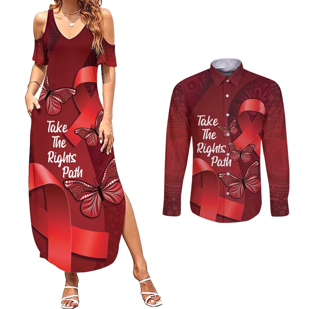 Australia AIDS Awareness Month Couples Matching Summer Maxi Dress and Long Sleeve Button Shirt Take The Rights Path Aboriginal Art