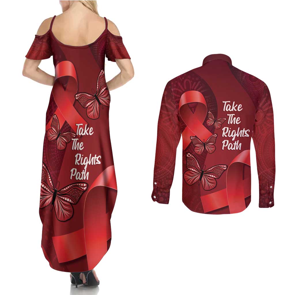 Australia AIDS Awareness Month Couples Matching Summer Maxi Dress and Long Sleeve Button Shirt Take The Rights Path Aboriginal Art