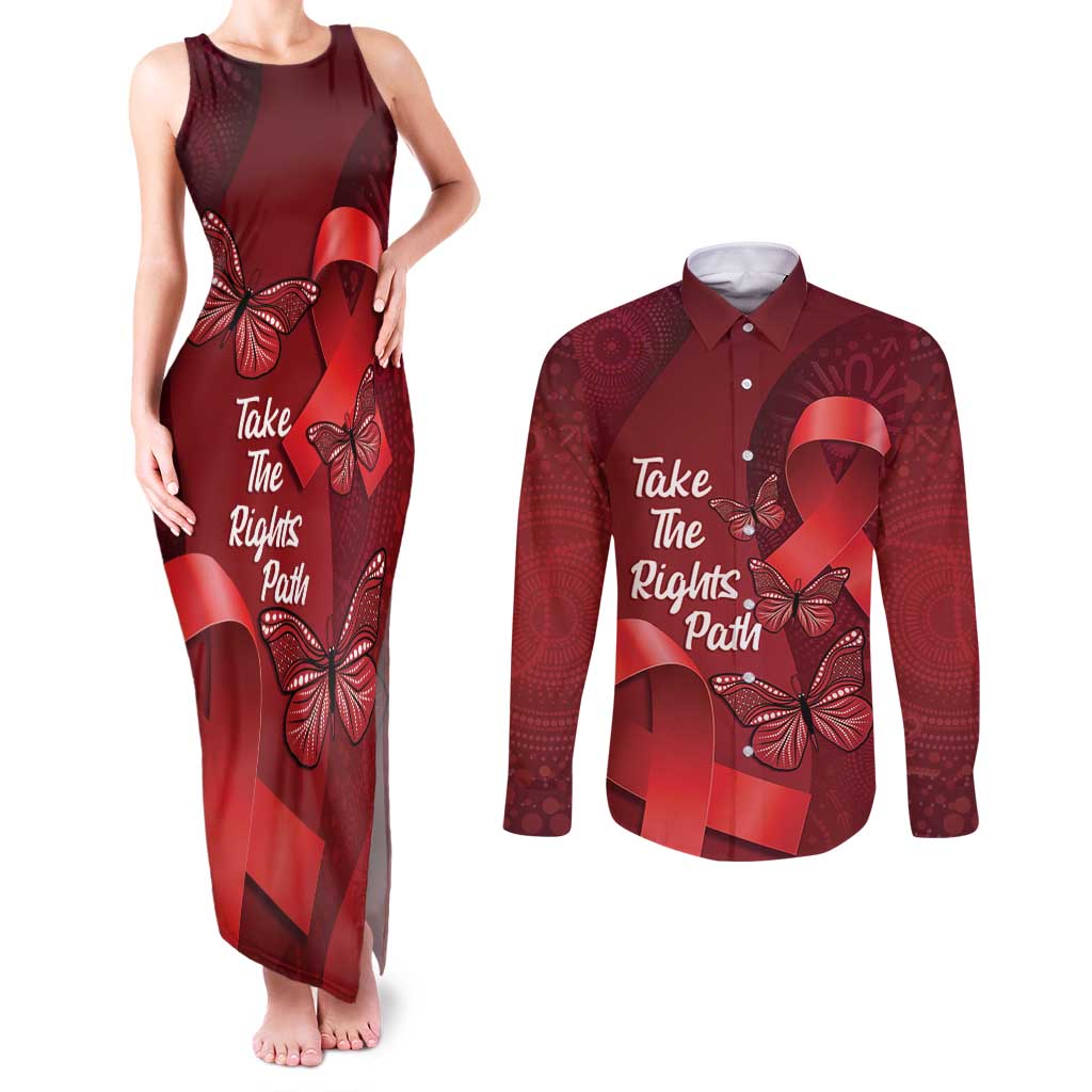 Australia AIDS Awareness Month Couples Matching Tank Maxi Dress and Long Sleeve Button Shirt Take The Rights Path Aboriginal Art