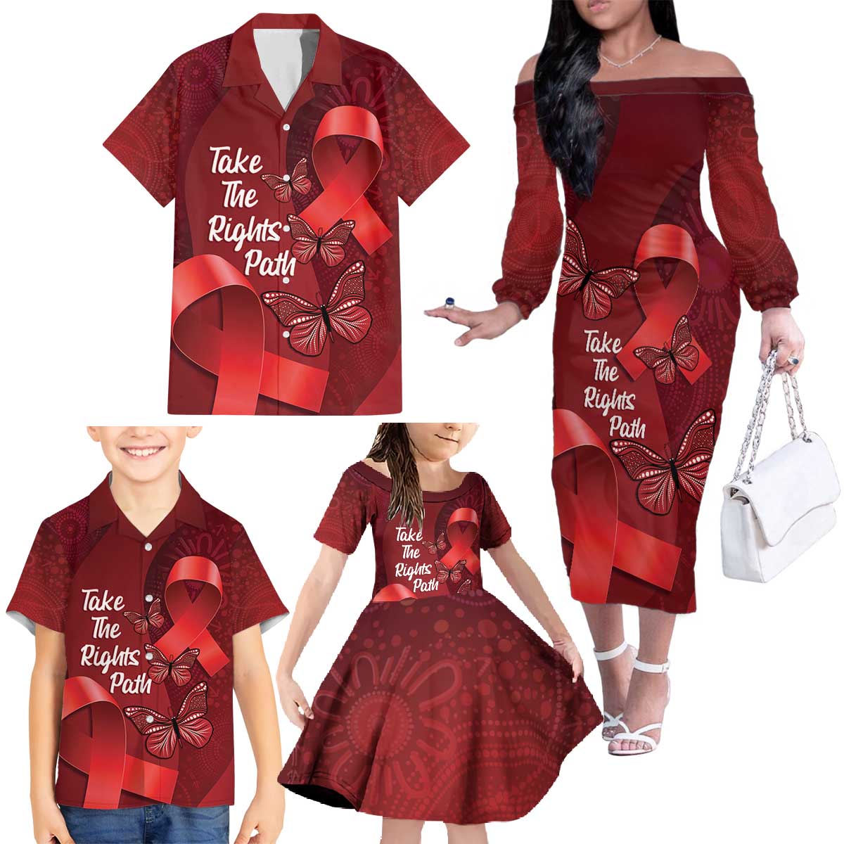 Australia AIDS Awareness Month Family Matching Off The Shoulder Long Sleeve Dress and Hawaiian Shirt Take The Rights Path Aboriginal Art