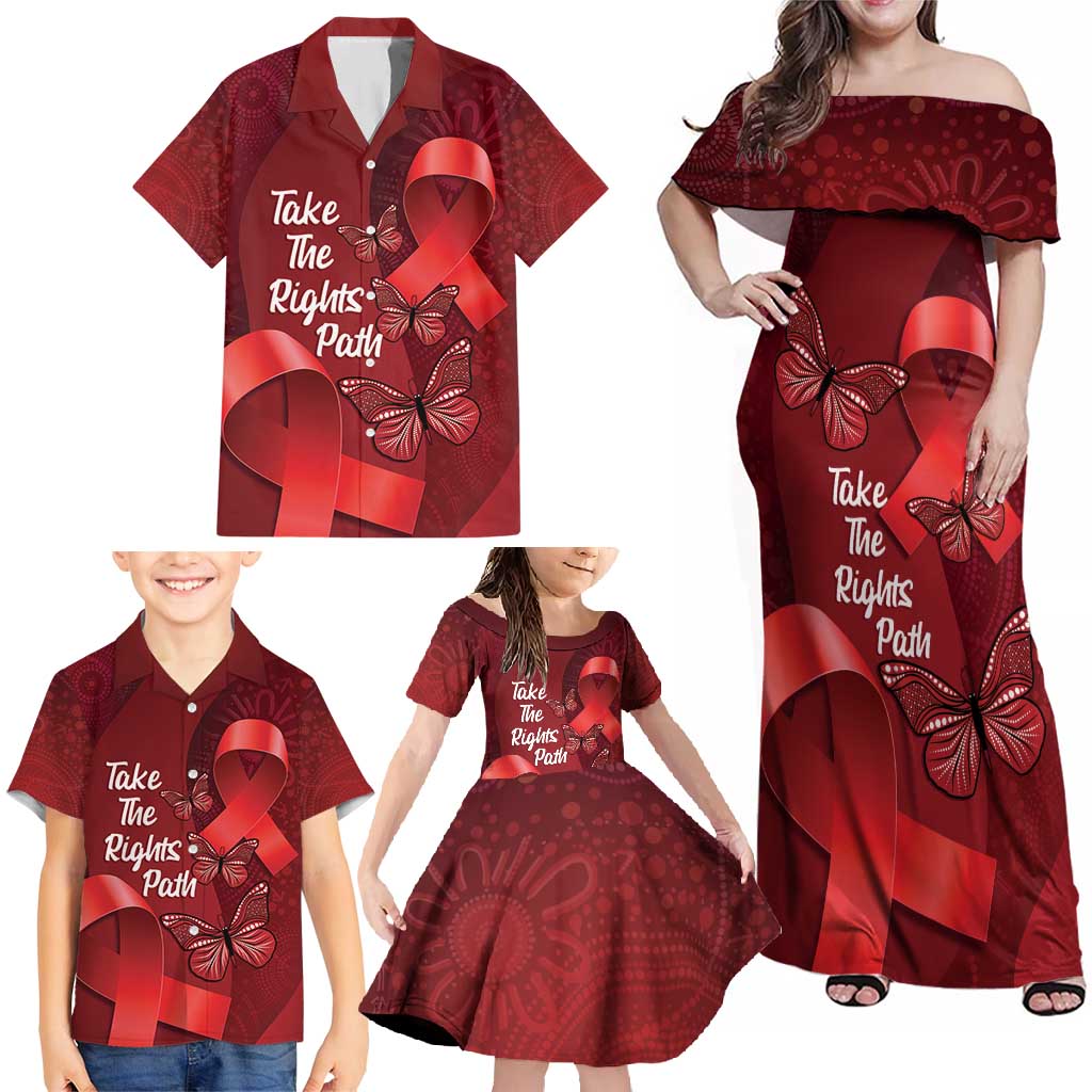 Australia AIDS Awareness Month Family Matching Off Shoulder Maxi Dress and Hawaiian Shirt Take The Rights Path Aboriginal Art