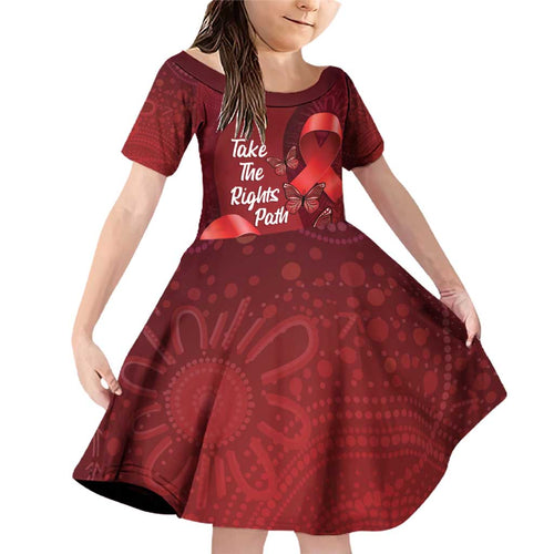 Australia AIDS Awareness Month Family Matching Off Shoulder Short Dress and Hawaiian Shirt Take The Rights Path Aboriginal Art