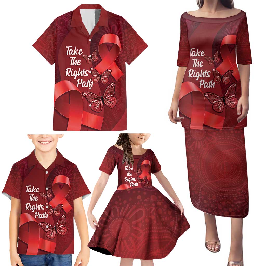 Australia AIDS Awareness Month Family Matching Puletasi and Hawaiian Shirt Take The Rights Path Aboriginal Art