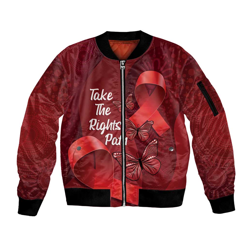 Australia AIDS Awareness Month Sleeve Zip Bomber Jacket Take The Rights Path Aboriginal Art