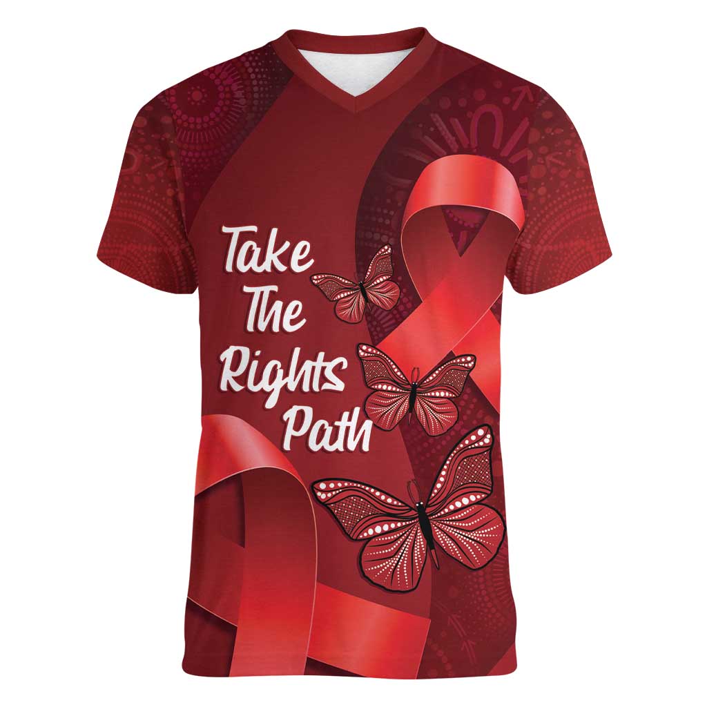 Australia AIDS Awareness Month Women V-Neck T-Shirt Take The Rights Path Aboriginal Art
