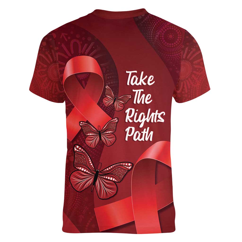 Australia AIDS Awareness Month Women V-Neck T-Shirt Take The Rights Path Aboriginal Art