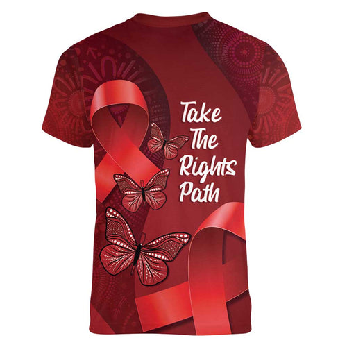 Australia AIDS Awareness Month Women V-Neck T-Shirt Take The Rights Path Aboriginal Art