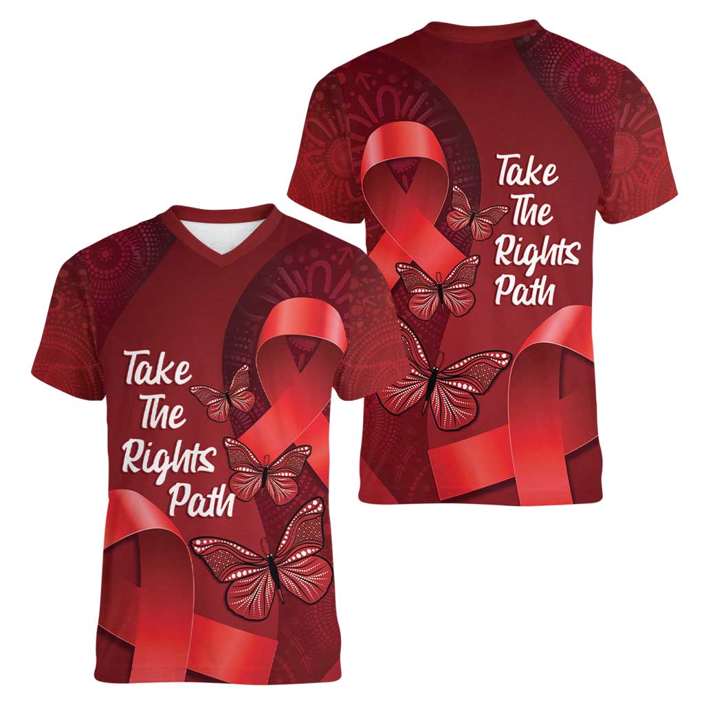 Australia AIDS Awareness Month Women V-Neck T-Shirt Take The Rights Path Aboriginal Art