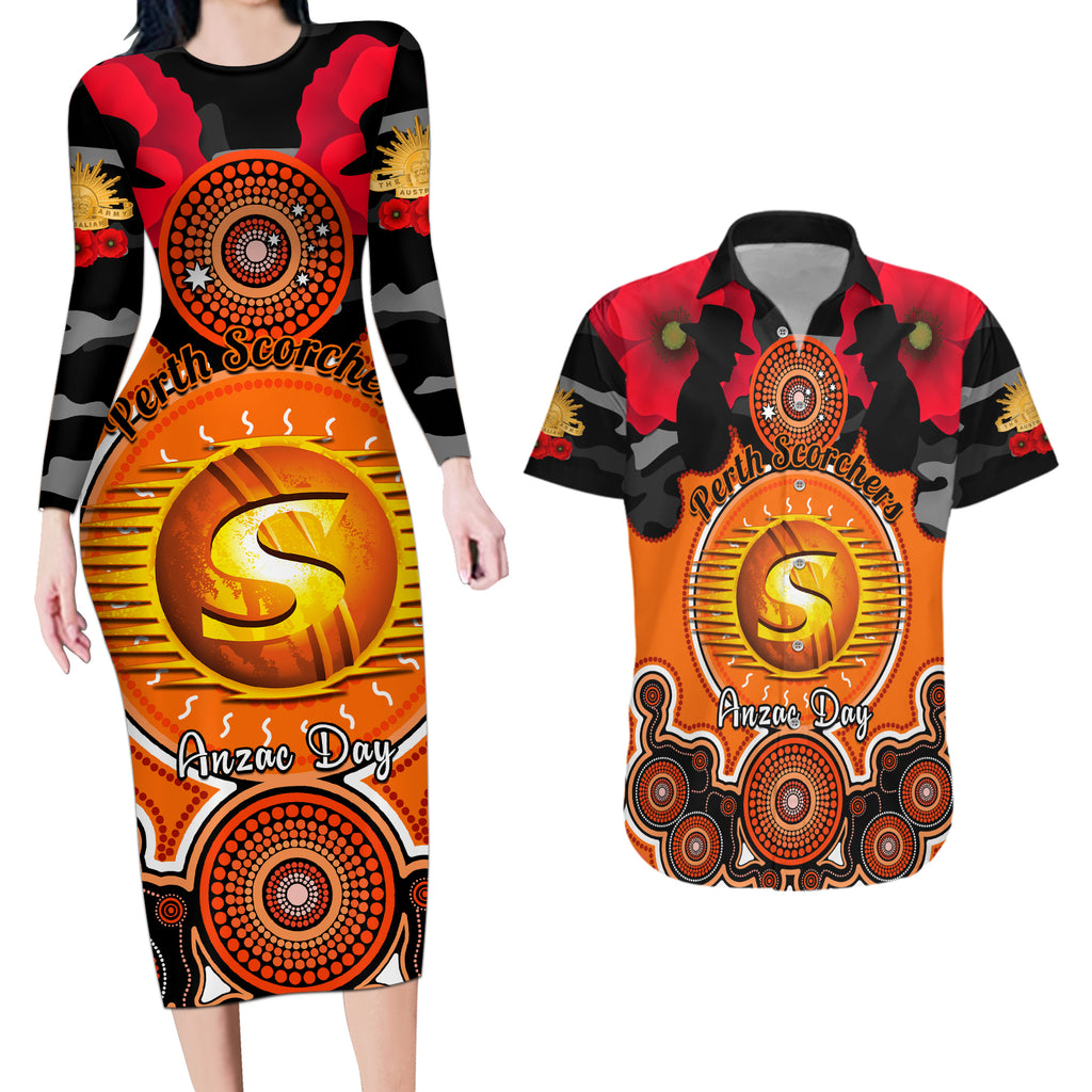 perth-scorchers-anzac-2024-couples-matching-long-sleeve-bodycon-dress-and-hawaiian-shirt-lest-we-forget-poppy-mix-camouflage