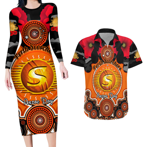 perth-scorchers-anzac-2024-couples-matching-long-sleeve-bodycon-dress-and-hawaiian-shirt-lest-we-forget-poppy-mix-camouflage