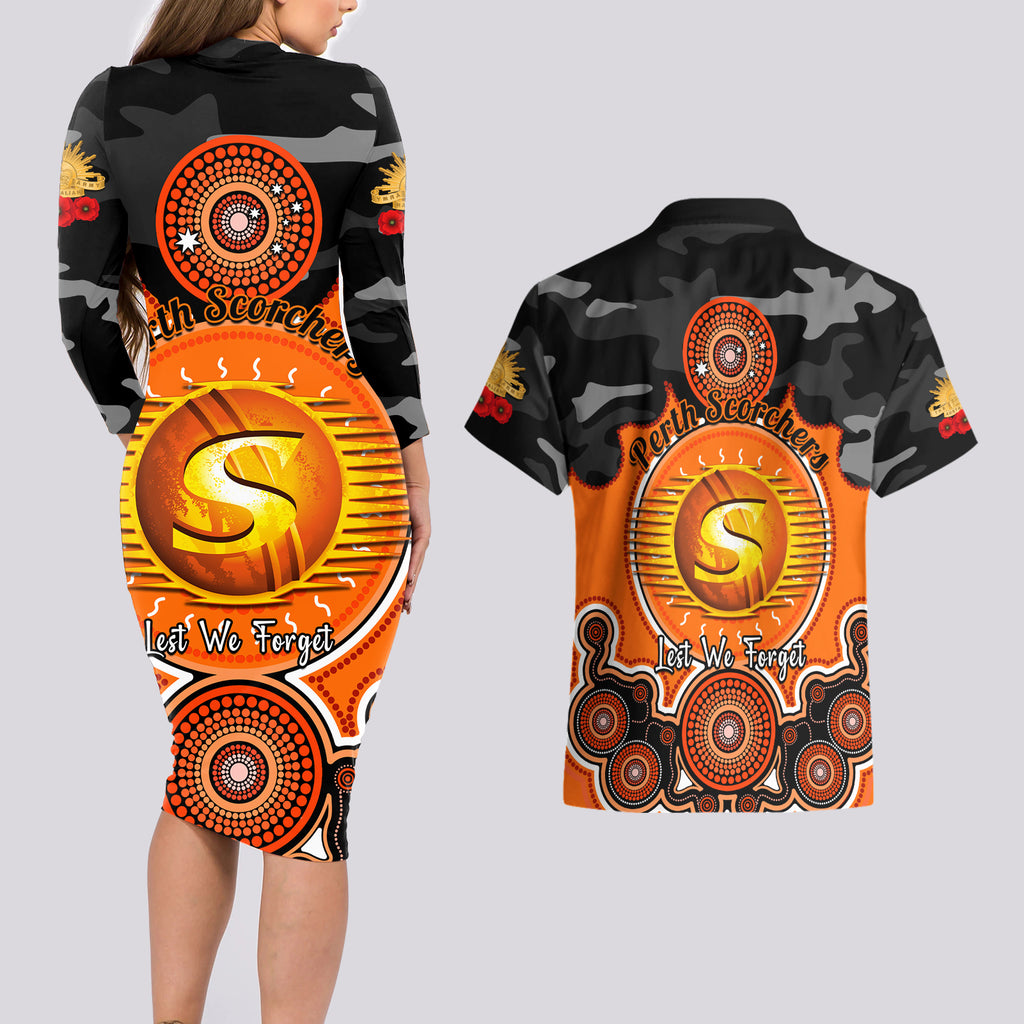 perth-scorchers-anzac-2024-couples-matching-long-sleeve-bodycon-dress-and-hawaiian-shirt-lest-we-forget-poppy-mix-camouflage