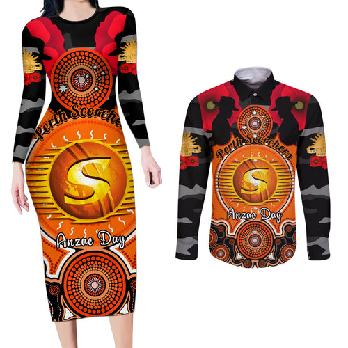 perth-scorchers-anzac-2024-couples-matching-long-sleeve-bodycon-dress-and-long-sleeve-button-shirt-lest-we-forget-poppy-mix-camouflage