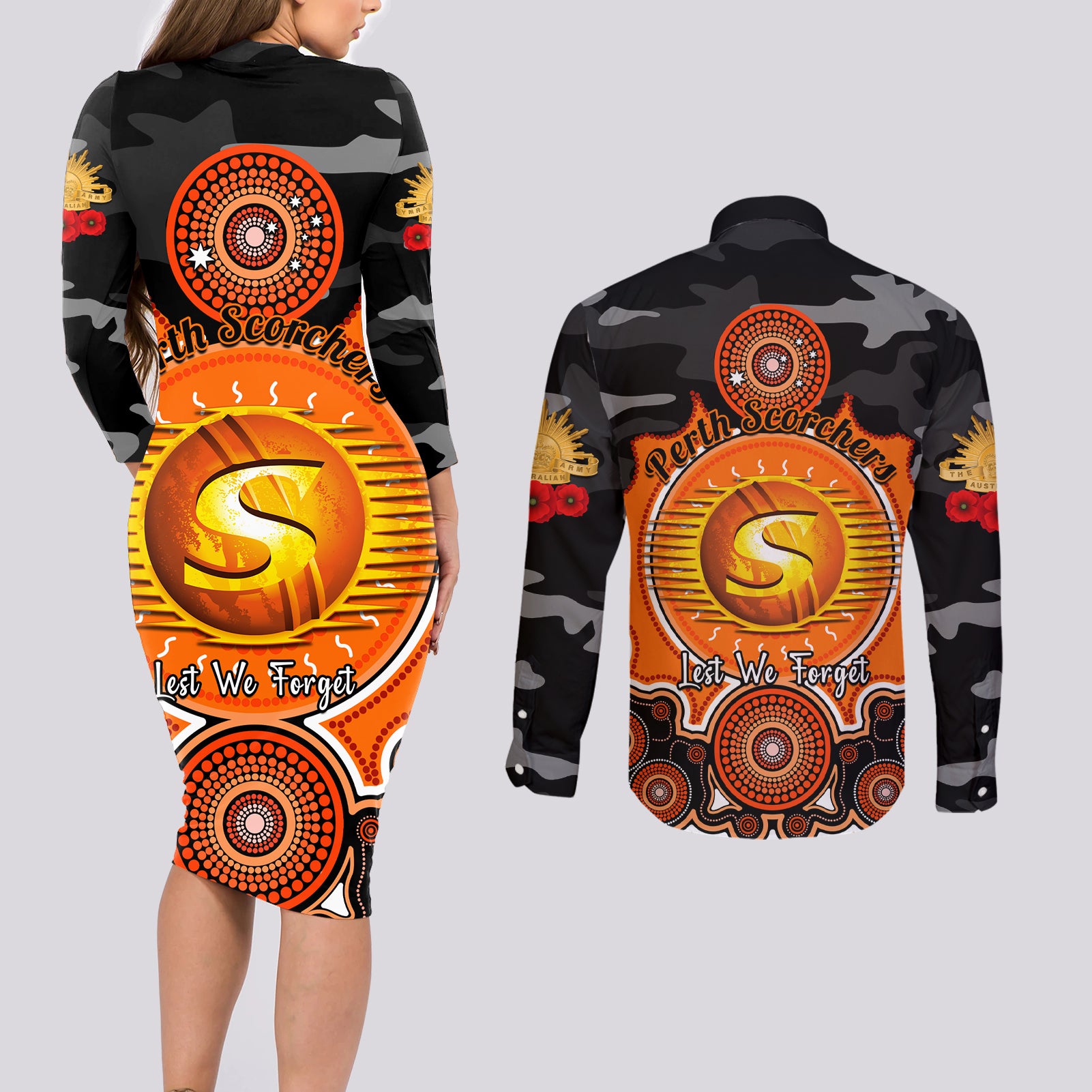 perth-scorchers-anzac-2024-couples-matching-long-sleeve-bodycon-dress-and-long-sleeve-button-shirt-lest-we-forget-poppy-mix-camouflage