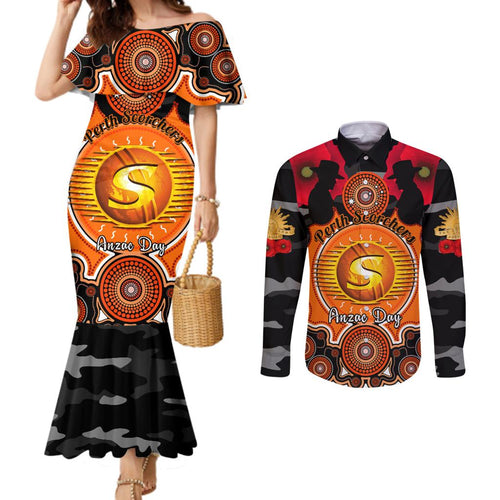 perth-scorchers-anzac-2024-couples-matching-mermaid-dress-and-long-sleeve-button-shirt-lest-we-forget-poppy-mix-camouflage
