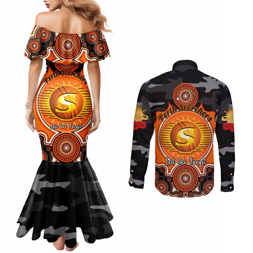perth-scorchers-anzac-2024-couples-matching-mermaid-dress-and-long-sleeve-button-shirt-lest-we-forget-poppy-mix-camouflage