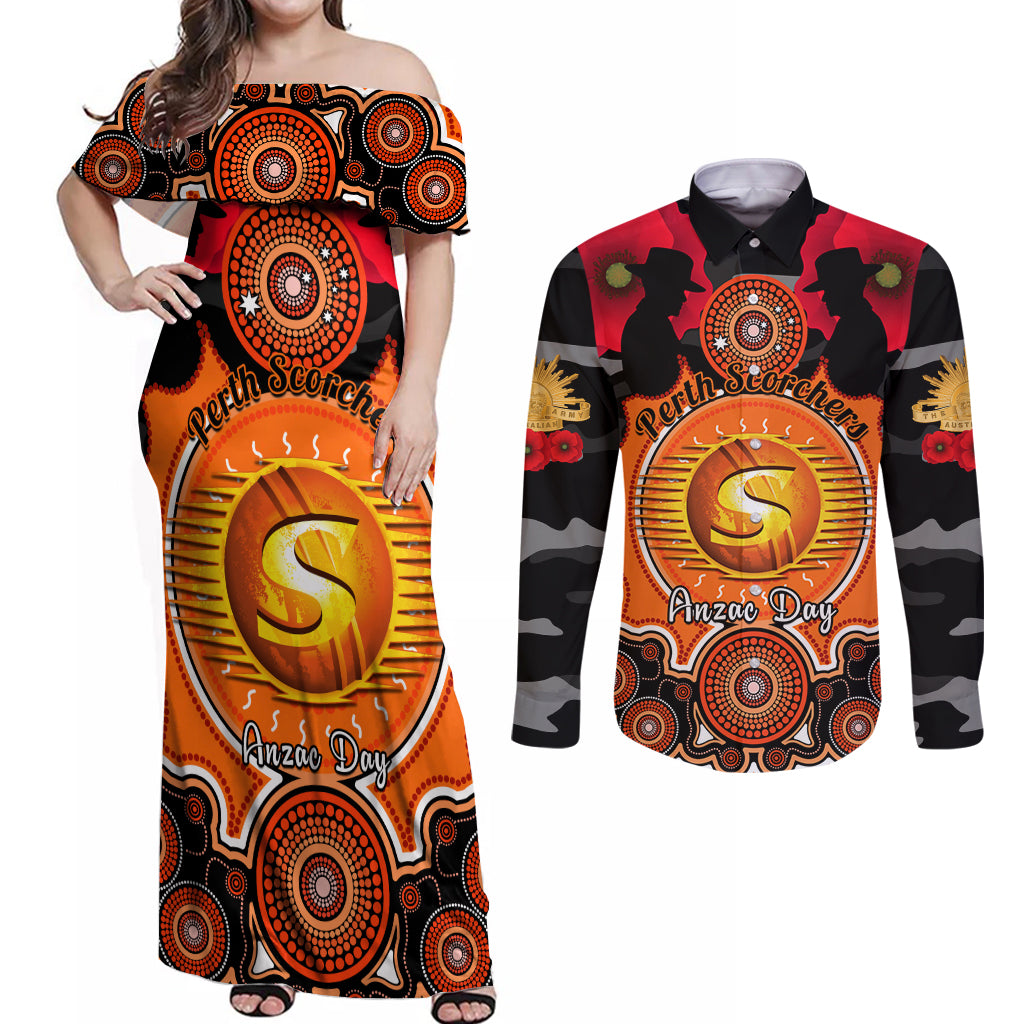 perth-scorchers-anzac-2024-couples-matching-off-shoulder-maxi-dress-and-long-sleeve-button-shirt-lest-we-forget-poppy-mix-camouflage