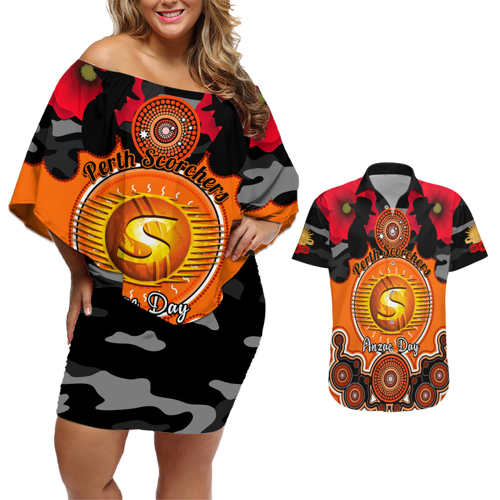perth-scorchers-anzac-2024-couples-matching-off-shoulder-short-dress-and-hawaiian-shirt-lest-we-forget-poppy-mix-camouflage