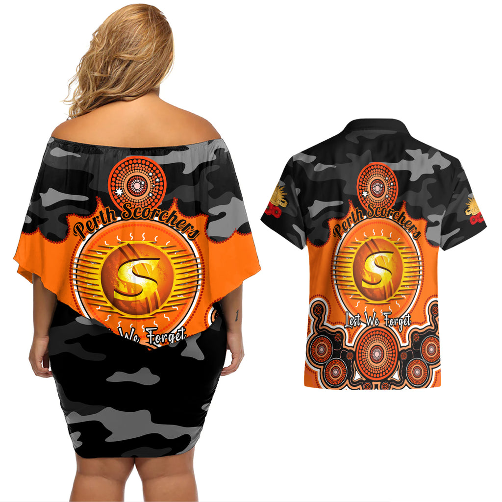 perth-scorchers-anzac-2024-couples-matching-off-shoulder-short-dress-and-hawaiian-shirt-lest-we-forget-poppy-mix-camouflage