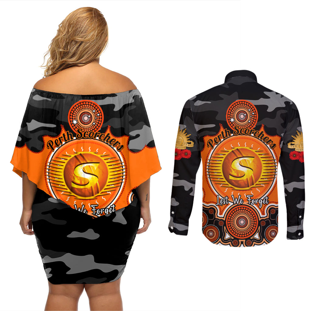 perth-scorchers-anzac-2024-couples-matching-off-shoulder-short-dress-and-long-sleeve-button-shirt-lest-we-forget-poppy-mix-camouflage