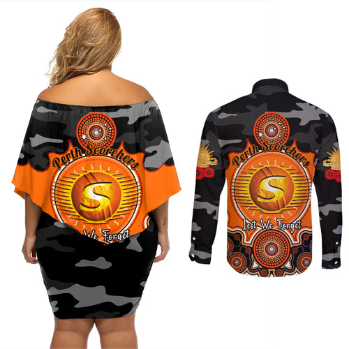 perth-scorchers-anzac-2024-couples-matching-off-shoulder-short-dress-and-long-sleeve-button-shirt-lest-we-forget-poppy-mix-camouflage